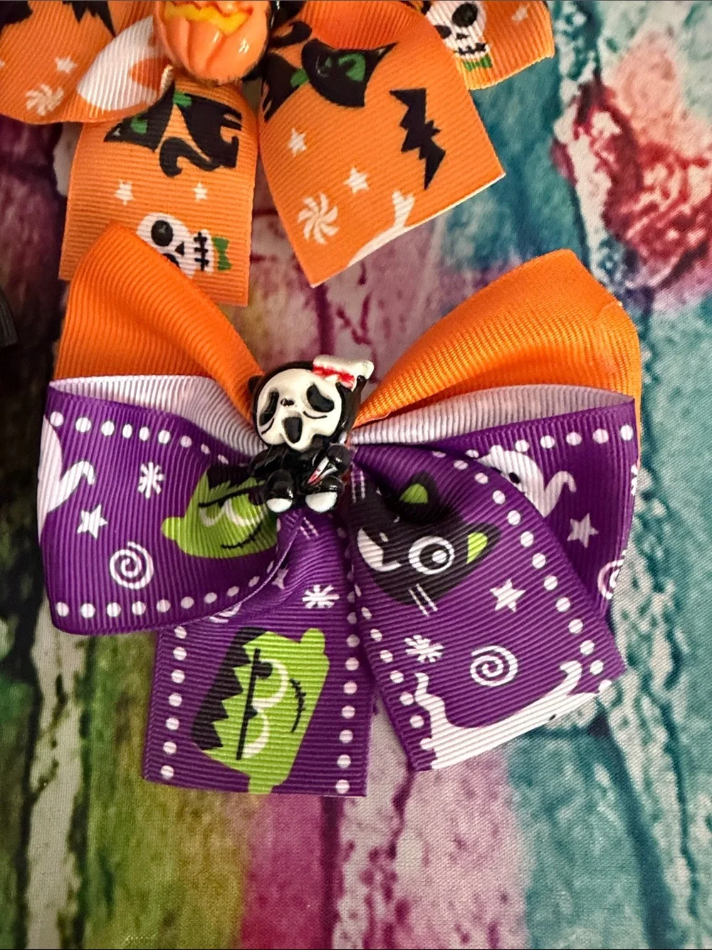 Halloween Kids Ribbon Hair Bows - Orange, Purple, Black, White